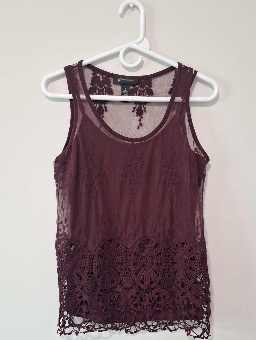 INC International Concepts Sleeveless Mesh Camisole with Crochet Hem in Wine